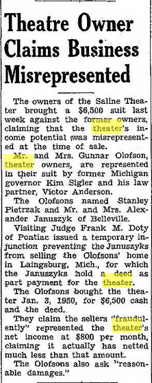 Saline Theatre - Apr 20 1950 Article On Owner Dispute